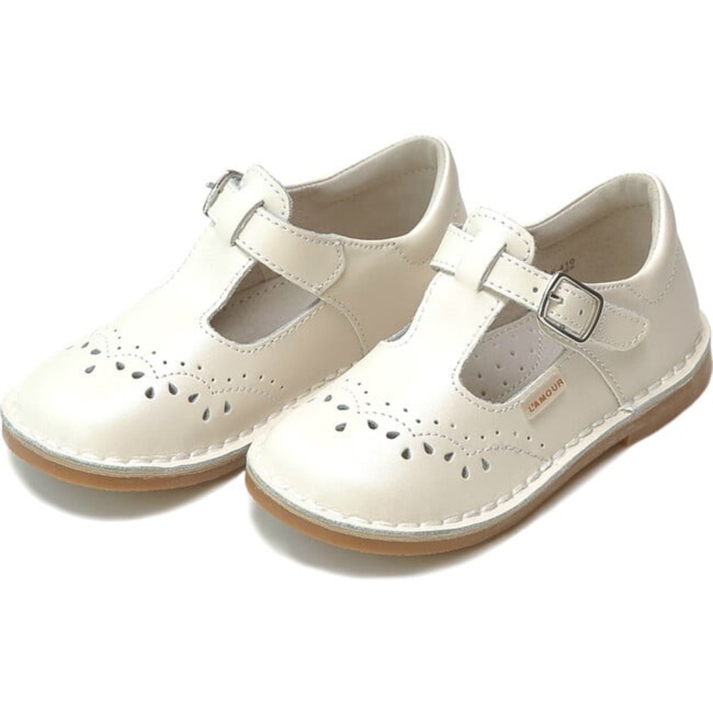 L’Amour Ruthie T-Strap Stitched Mary Jane, Pearl White